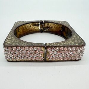 Vintage Square Rhinestone Hinged Bangle Bracelet Gold Tone Chunky Glam
